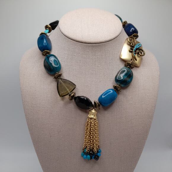 Chico's Turquoise Necklace Chain Tassel, Gemstone Acrylic Glass, 20 Inches - Picture 3 of 13